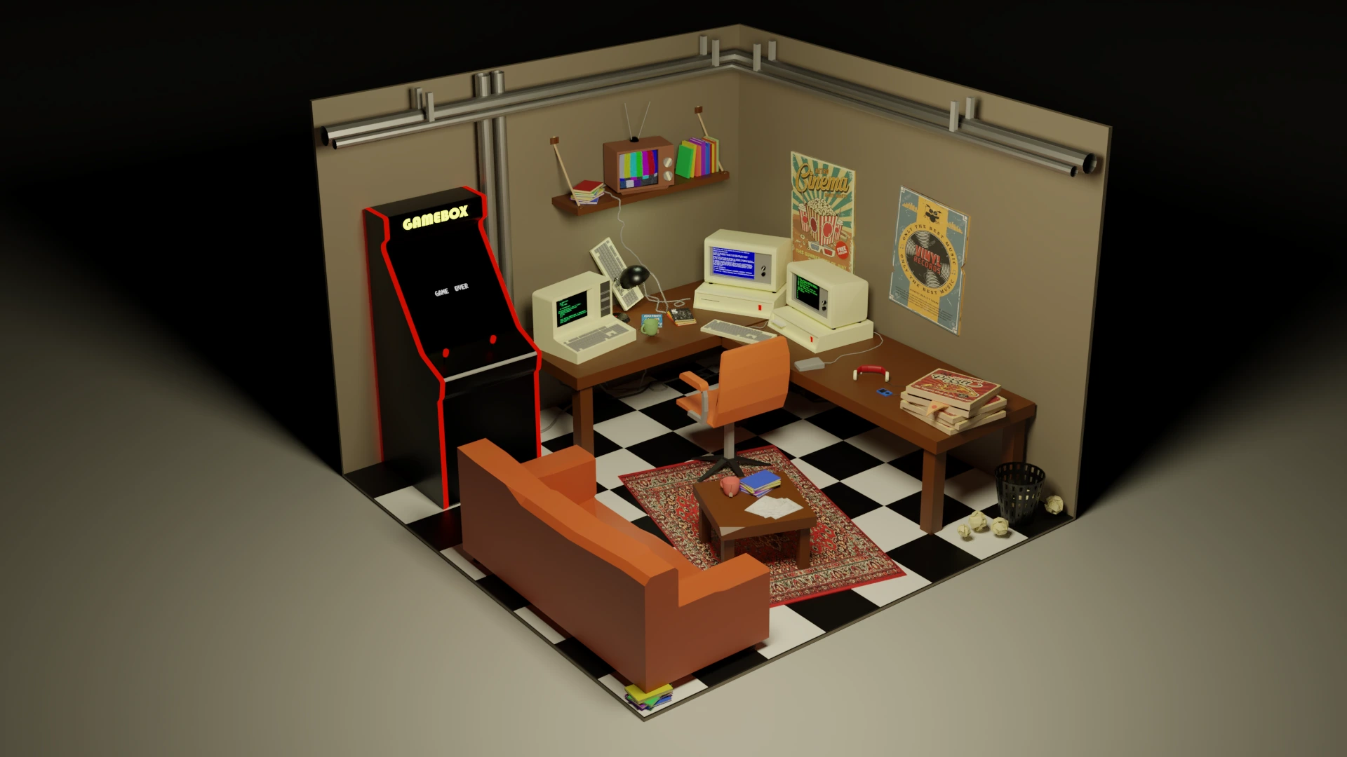 Aydınlık ışıkta retro oda renderı