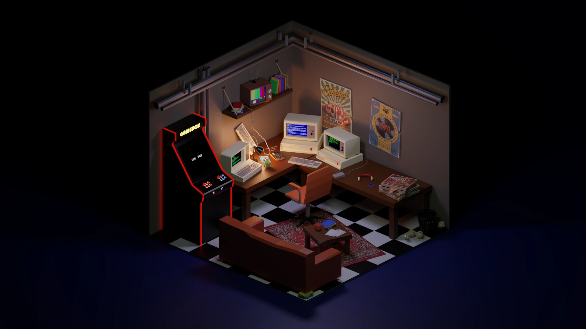 Retro oda diorama renderı