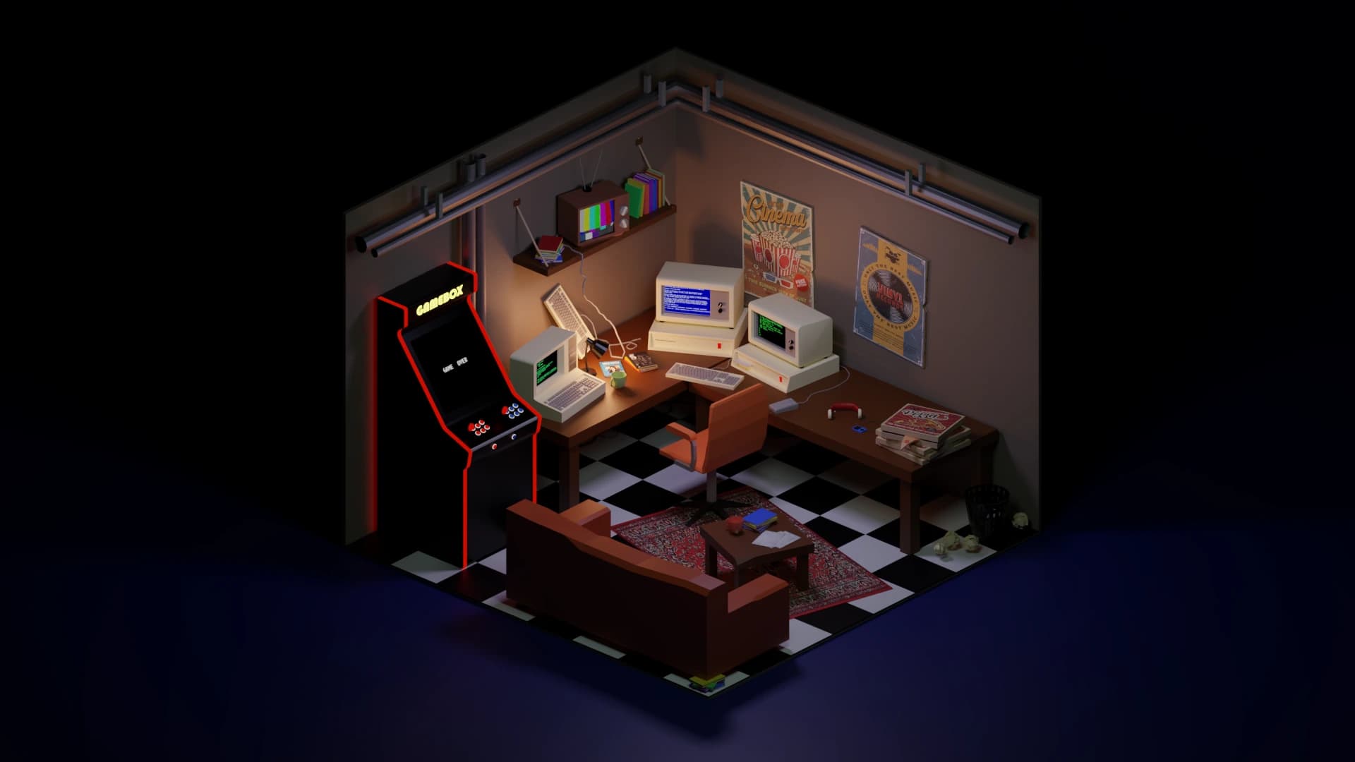 Retro oda diorama renderı